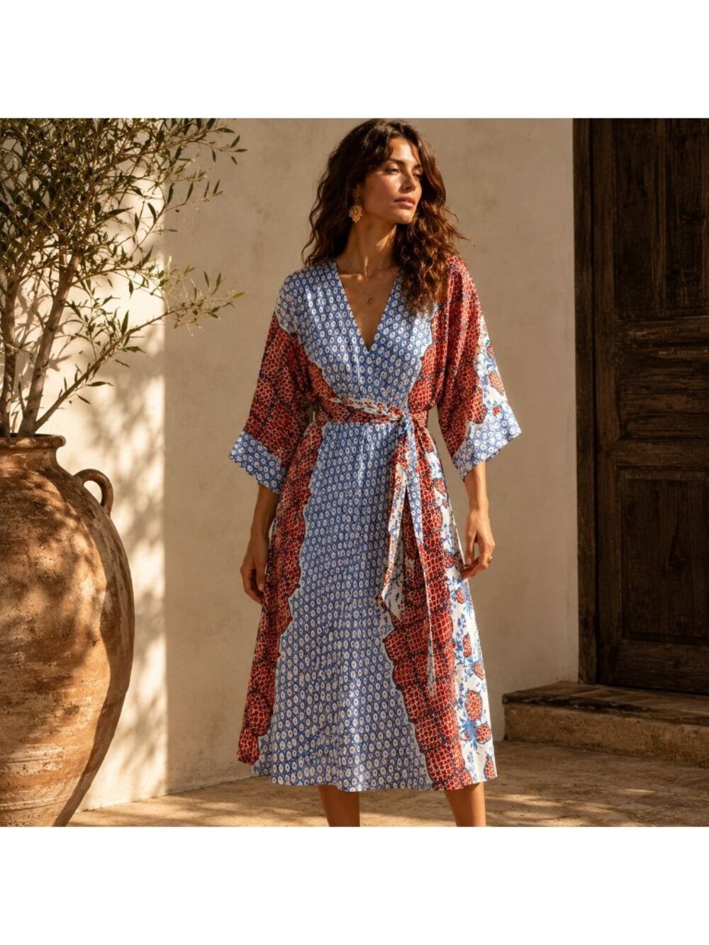Single Dress 100% Silk Art-to-Wear Kimono Wrap Midi Dress Boho Print Sz S Resort